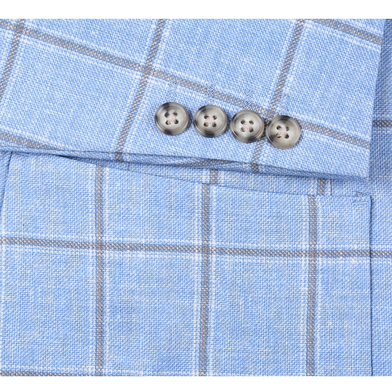 The Pellagio Light Blue Men's Slim Fit Riserva Jacket PS26-6 by Pellagio is styled with a white dress shirt, orange patterned tie, and patterned pocket square, shown on a headless mannequin.