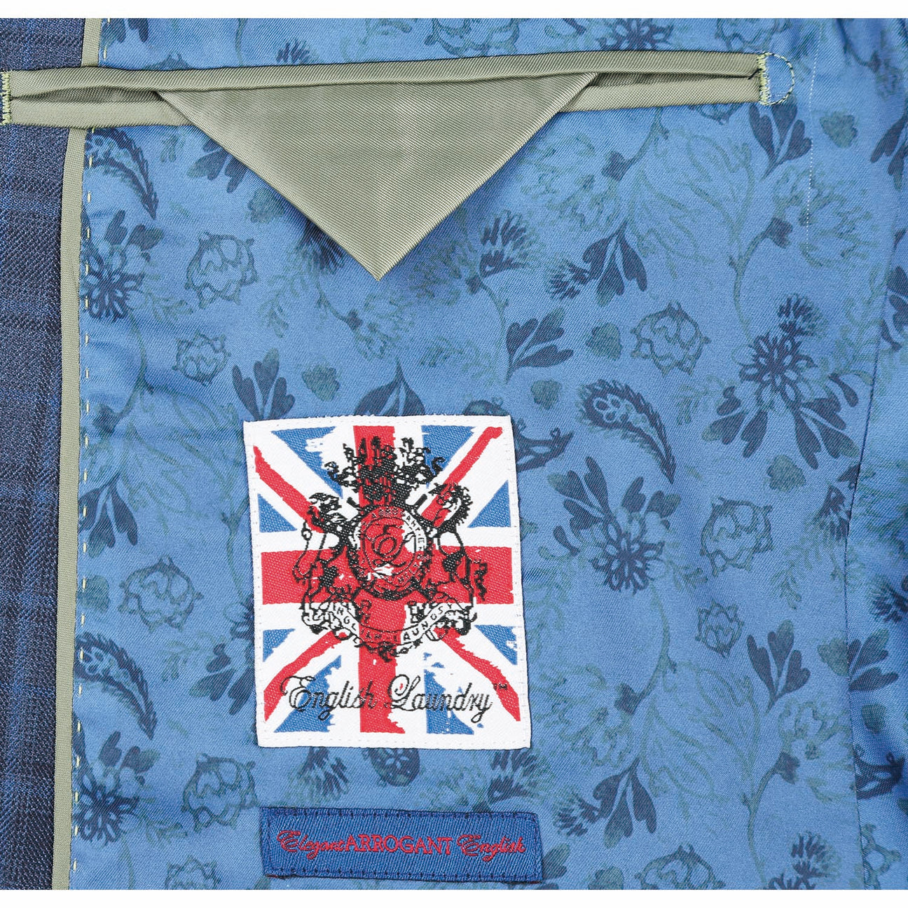 The mannequin is adorned with the ENGLISH LAUNDRY Cadet Blue Check Suit 92-53-095EL, a stylish offering from English Laundry, complemented by an immaculate white shirt and a striped tie. Its elegant peak lapels bring an air of sophistication to the ensemble.