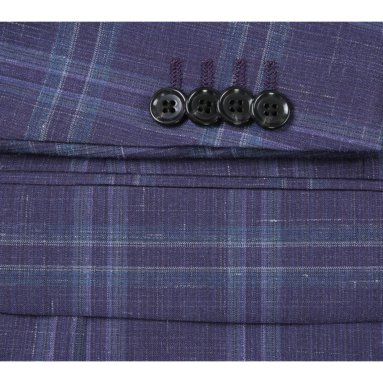 The Alessandro Vitello by Renoir New Slim Fit Wool Blazer Purple Blue 565-6 is displayed on a mannequin, highlighting its slim fit and single-breasted design. It includes a white shirt, red tie, pocket square, notch lapel, and two-button closure.