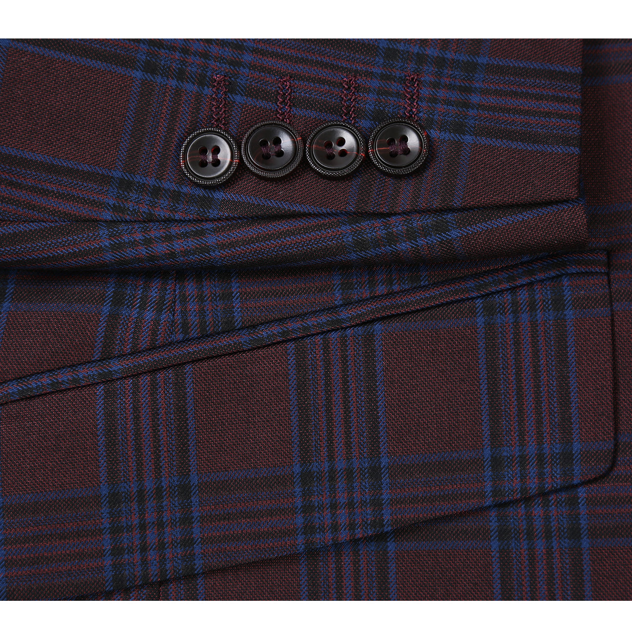 A mannequin displays an Alessandro Vitello by Renoir blazer in a burgundy slim fit, single-breasted style with side vents, paired elegantly with a white shirt and black polka dot tie.