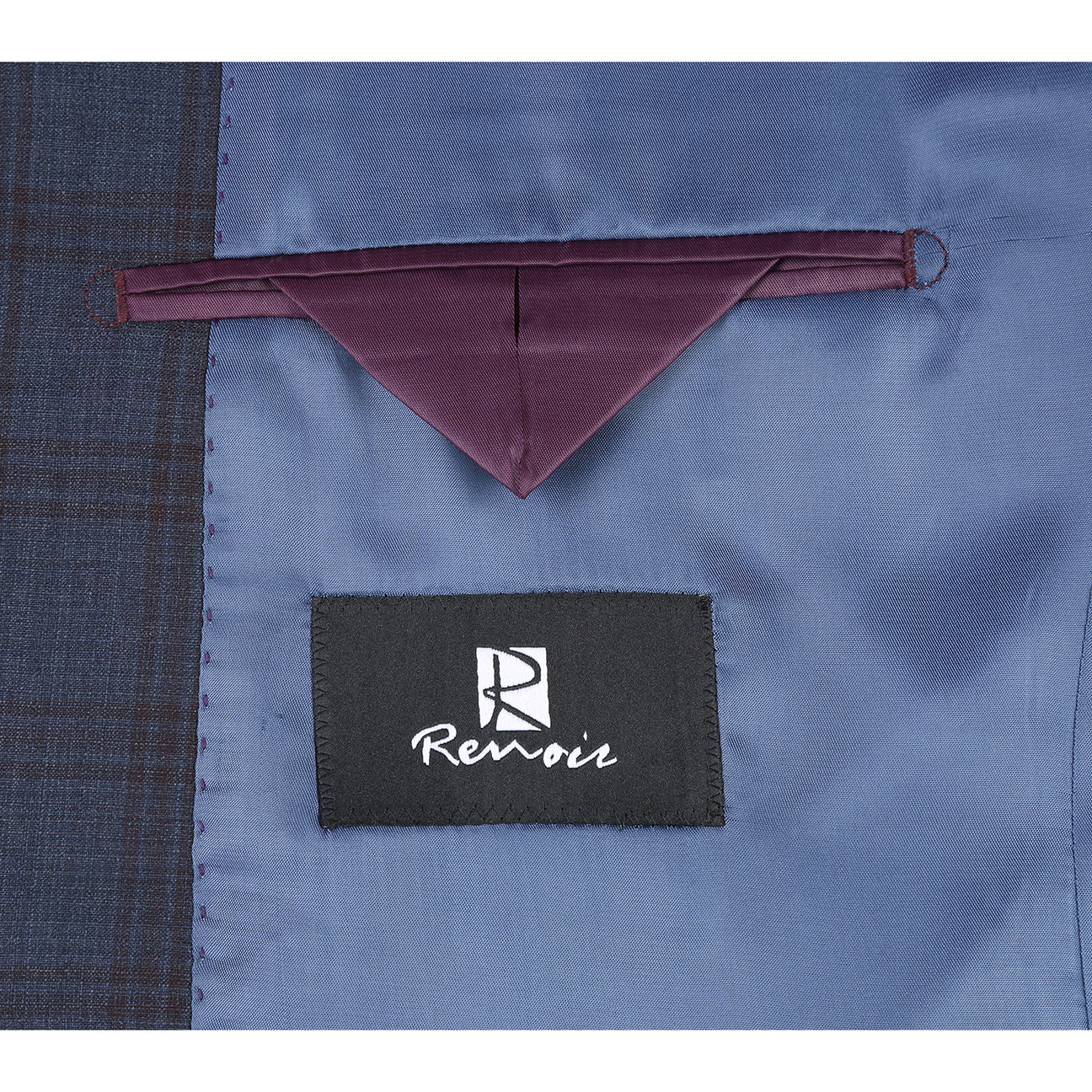 The Alessandro Vitello by Renoir 2-Piece Classic Fit Wool Suit, made from 100% Wool Super 140's, features a dark plaid pattern with a notch lapel and single button closure. It's paired with a white dress shirt and brown patterned tie on a mannequin displaying its 2B side-vented design.