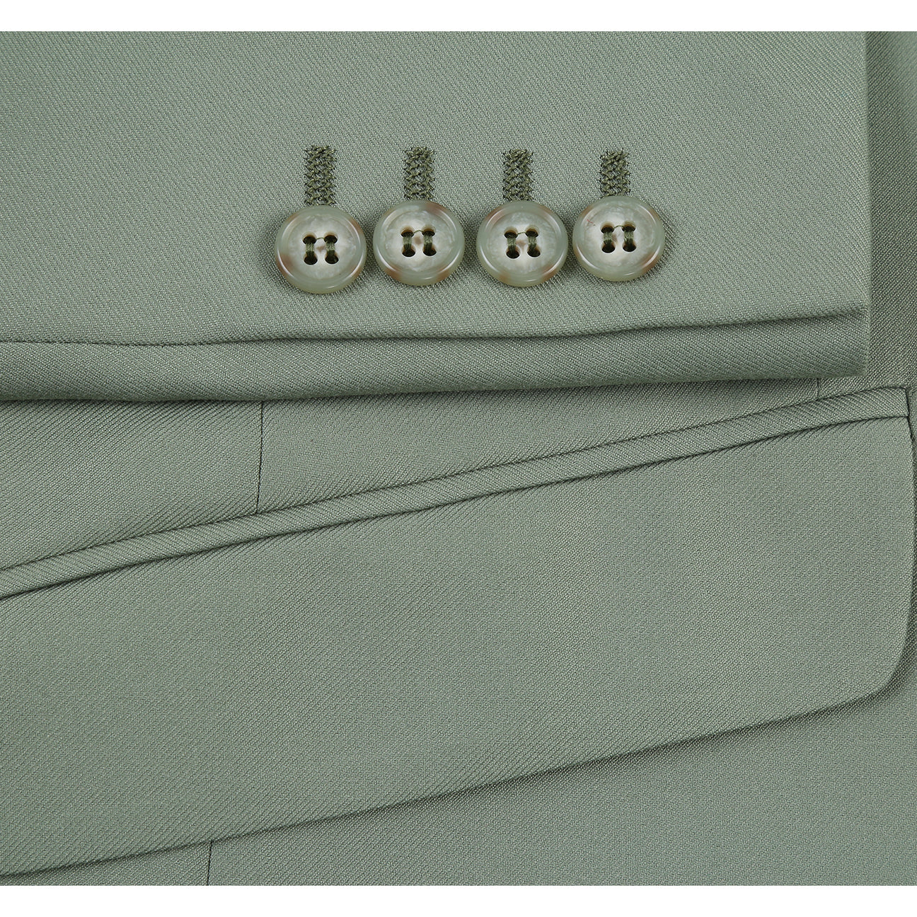 The Alessandro Vitello by Renoir 2-piece sage suit (201-12) is displayed on a mannequin with a white dress shirt, brown patterned tie, and matching pants.