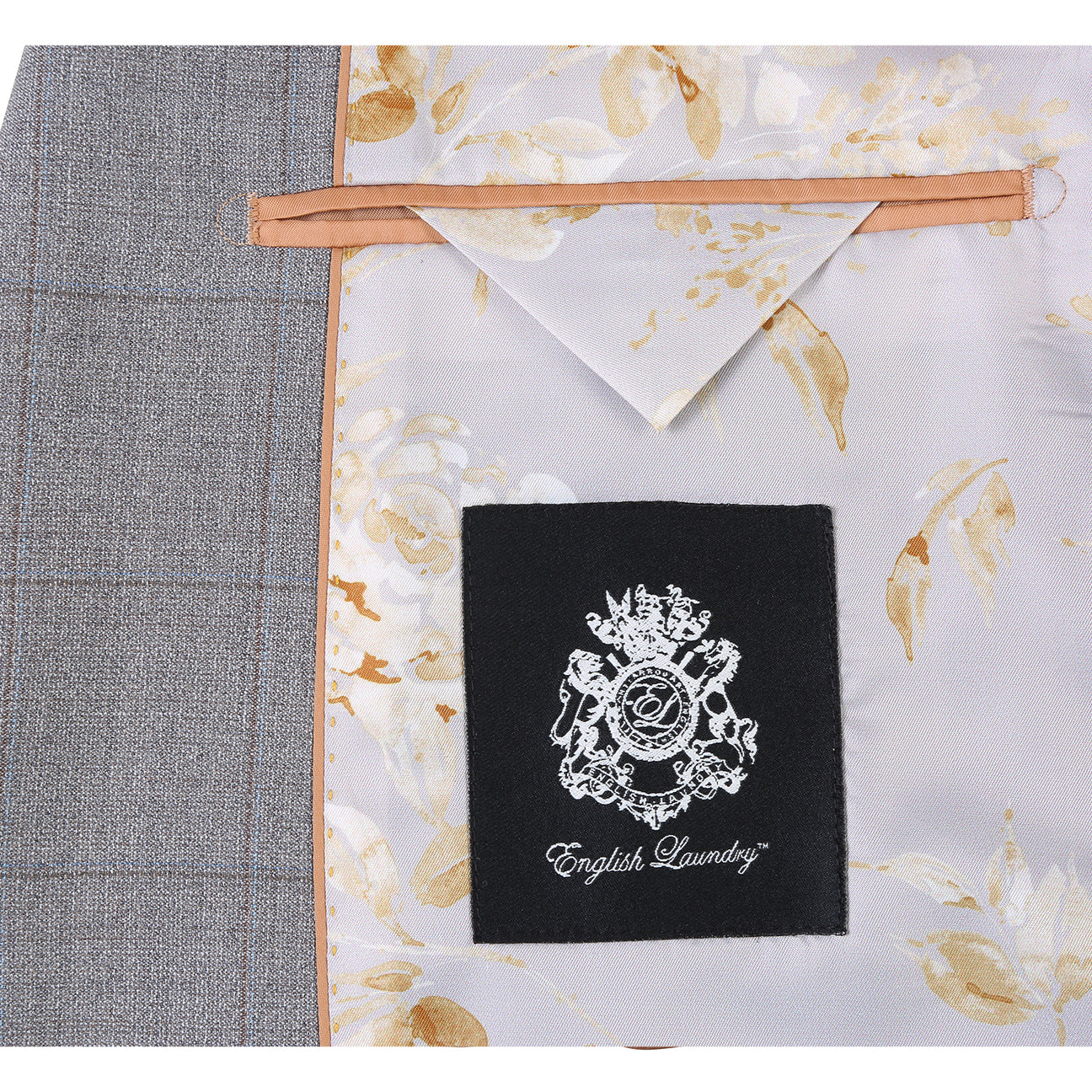 The ENGLISH LAUNDRY Stone Grey Wool Suit EL92-50-600 by English Laundry is showcased on a mannequin, styled with a white dress shirt and blue striped tie.