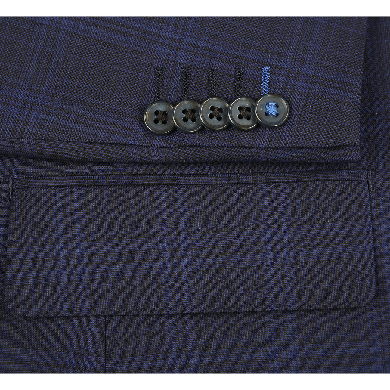 The ENGLISH LAUNDRY Dark Blue Wool Suit EL92-58-555 by English Laundry is a slim fit, plaid wool blazer with two buttons, notch lapels, flap pockets, and a patterned inner lining, shown against a white background.
