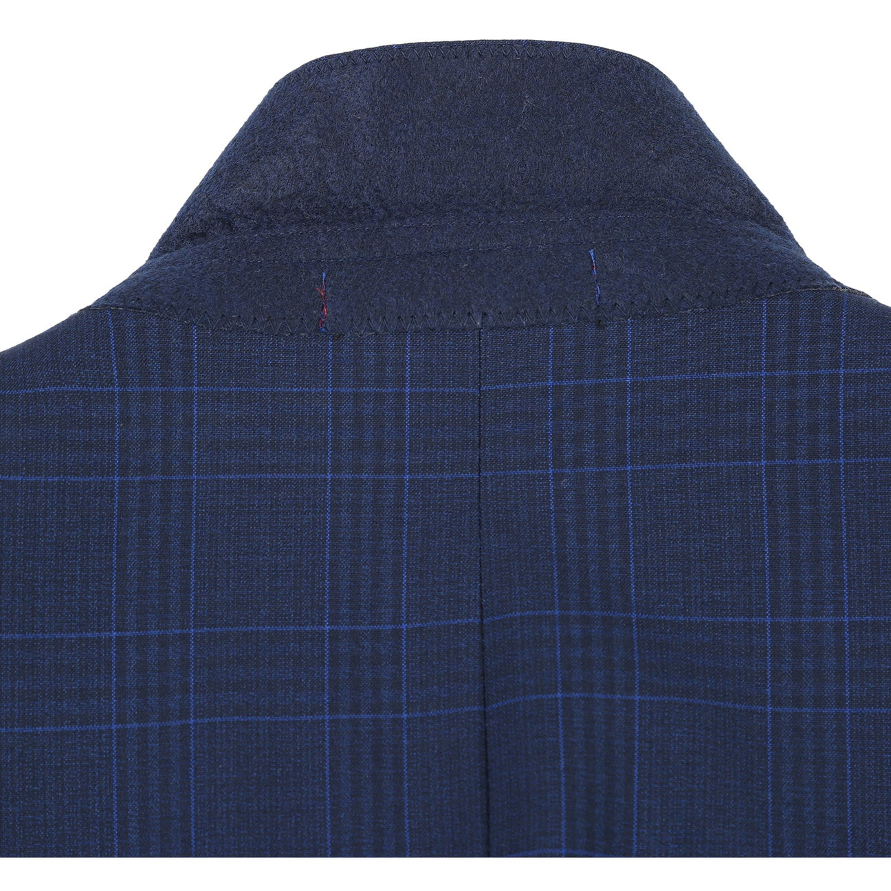 The Alessandro Vitello by Renoir Classic Fit Checked Suit in Marine Blue, styled on a mannequin with a white dress shirt and blue striped tie.