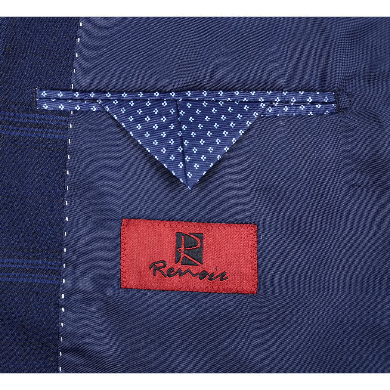 The Renoir Alessandro Vitello Classic Fit Galaxy Blue Suit 293-41 is displayed on a mannequin with a white dress shirt, maroon polka dot tie, and matching pocket square.