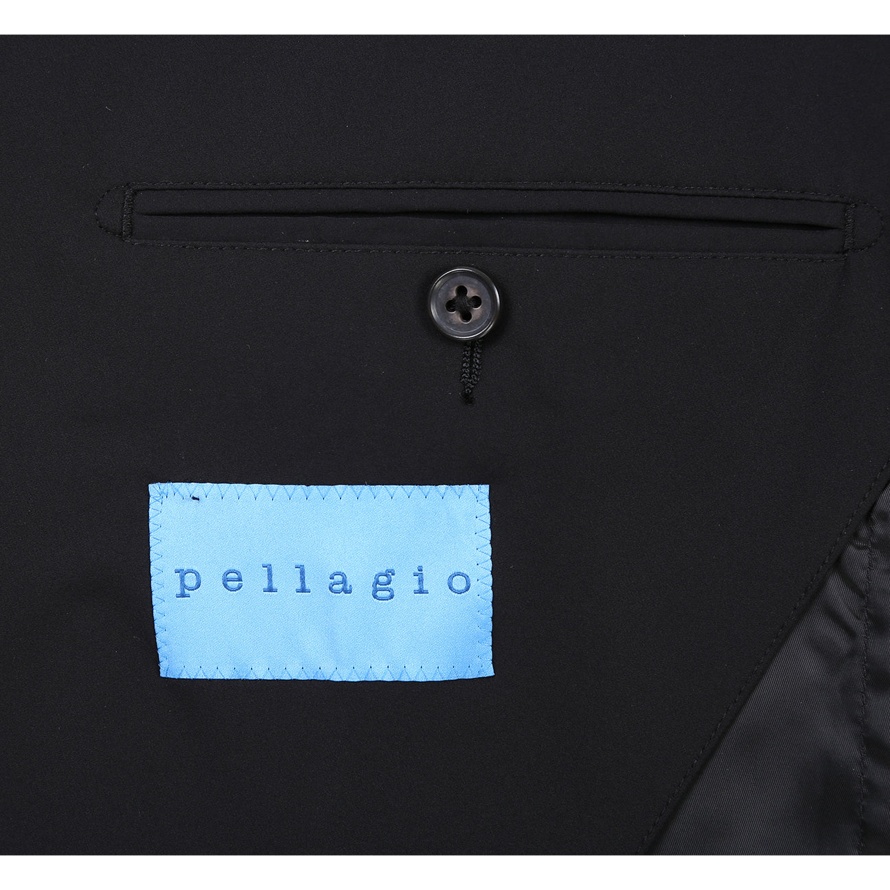 The Pellagio Men's Half Canvas Suit Black PS25-16, a slim fit single-breasted jacket with notch lapels, is shown over a white shirt and maroon patterned tie on a mannequin against a white background.