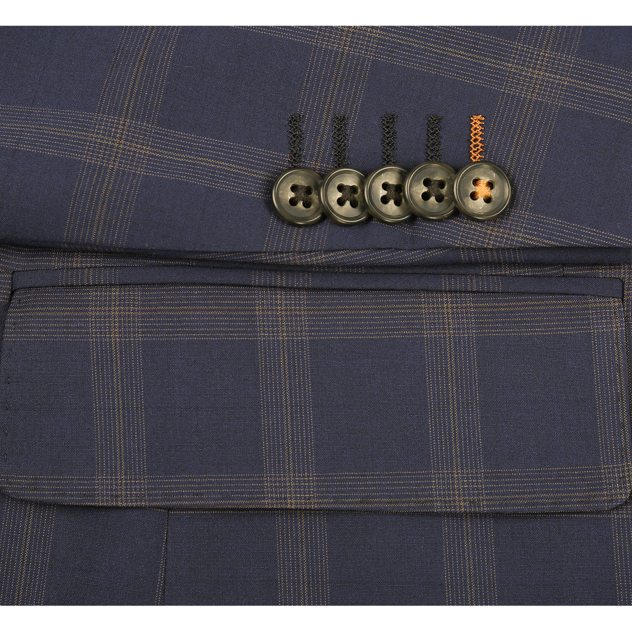 The ENGLISH LAUNDRY TR Suit 12-58-410EL by English Laundry is a navy blue plaid blazer with notch lapels, two buttons, flap pockets, and a colorful patterned inner lining shown in a front-facing view.
