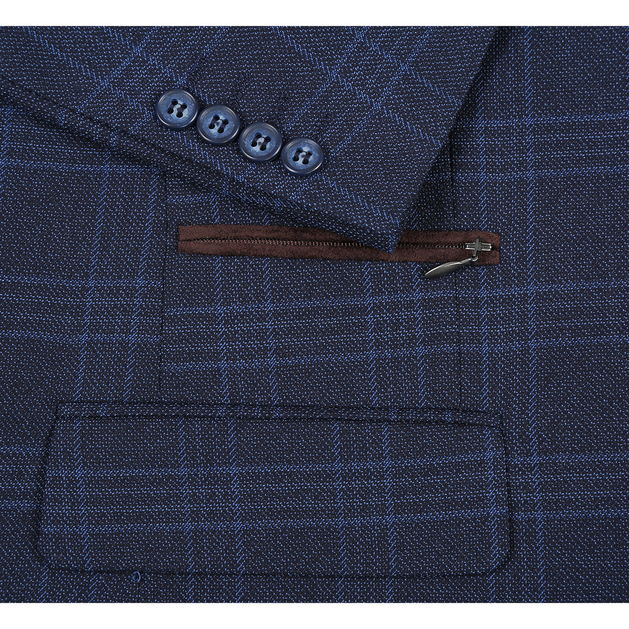 The Alessandro Vitello by Renoir Classic Fit Bib Blue Blazer 294-34, featuring a notch lapel and plaid pattern, is styled with pockets, a patterned pocket square, and worn over a brown zip-up vest.