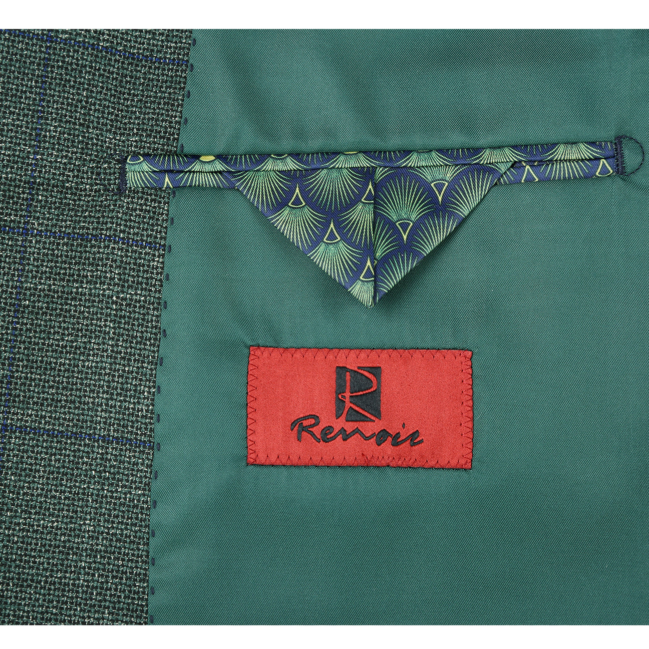 The Alessandro Vitello by Renoir New Slim Fit Green Blazer 294-36 features a dark green plaid, single-breasted design with two buttons, notch lapel, and flap pockets, shown on a mannequin with a white shirt and blue striped tie.