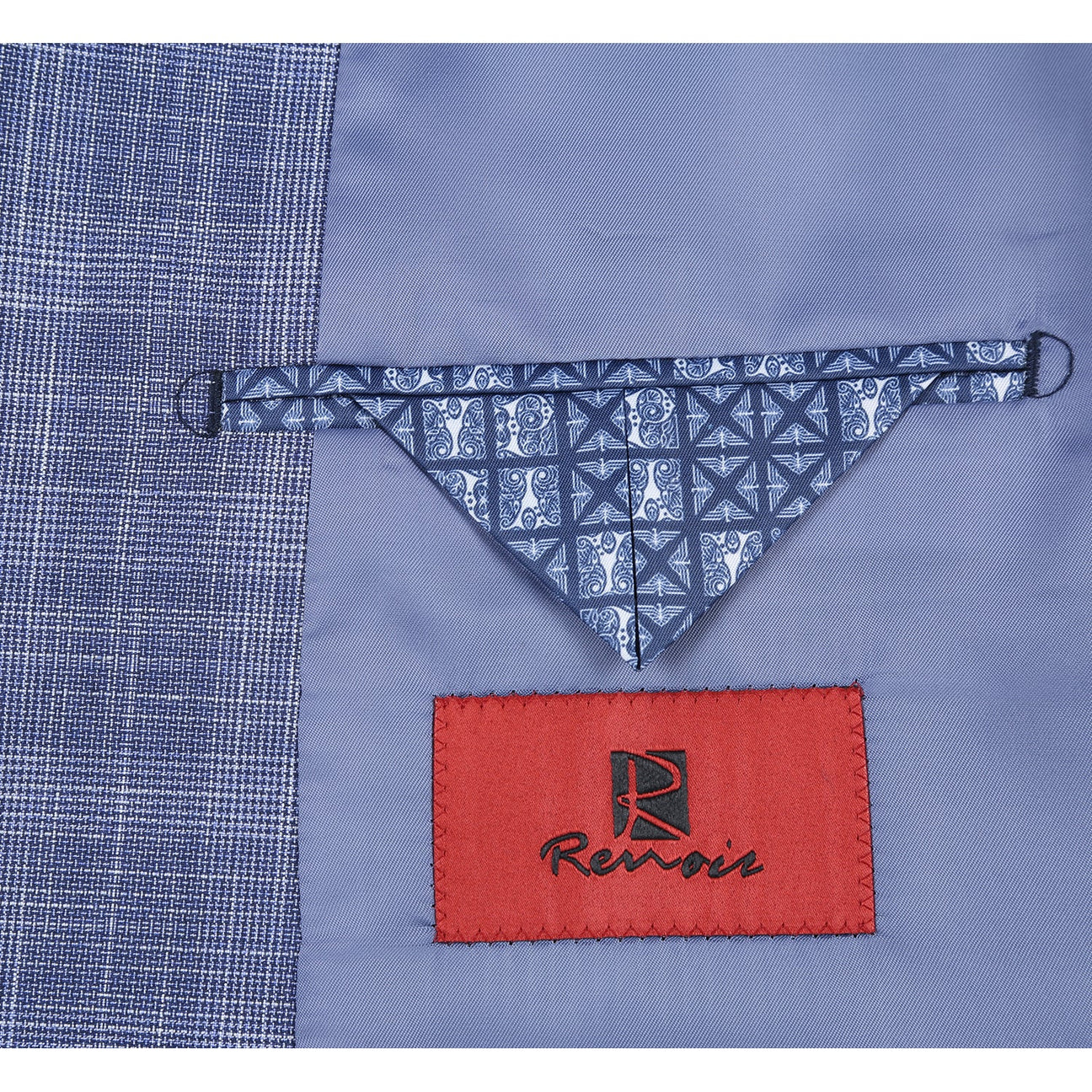 The Alessandro Vitello by Renoir Slim Fit Checked Suit Blue 293-24, featuring a blue plaid notch lapel jacket paired with a white dress shirt and an orange patterned tie, is elegantly displayed on a mannequin. Its polyester rayon blend ensures both comfort and style.