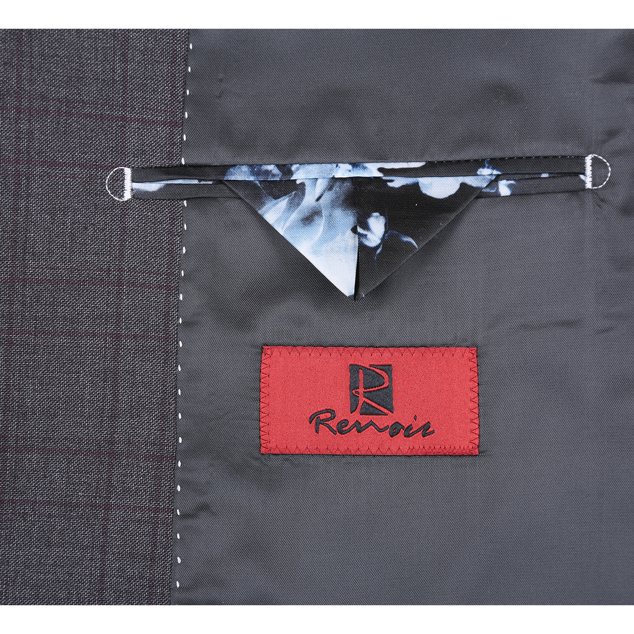 The Alessandro Vitello by Renoir New Slim Fit Gray Suit 293-47 is displayed on a mannequin, featuring a dark gray plaid design, polyester-rayon-spandex blend, paired with a white shirt, red patterned tie, and pocket square.