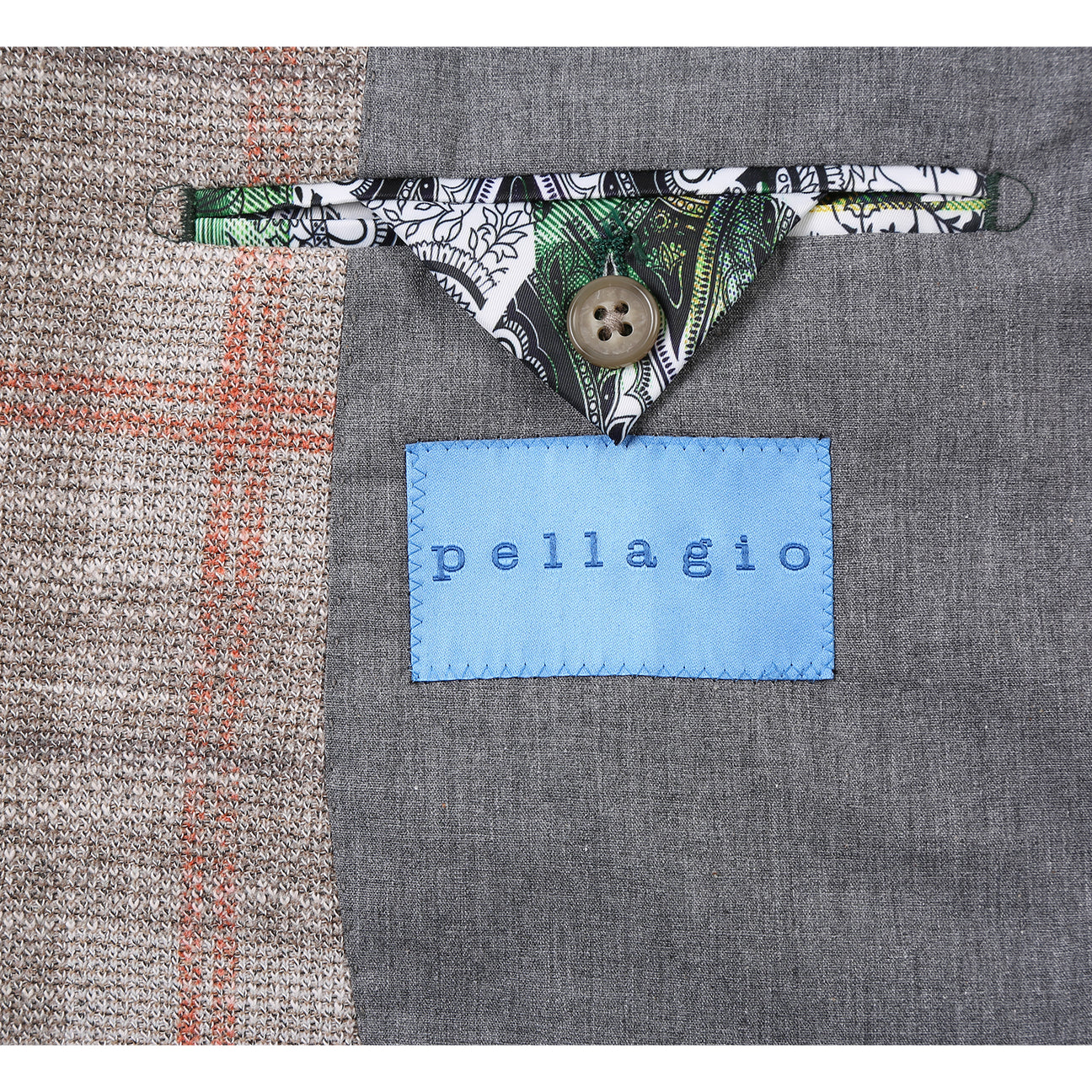 Pellagio Men's Half Canvas Blazer Beige PS25-1 is displayed on a mannequin with orange accents, notched lapel, white dress shirt, blue striped tie, and green patterned pocket square. Brand: Pellagio.