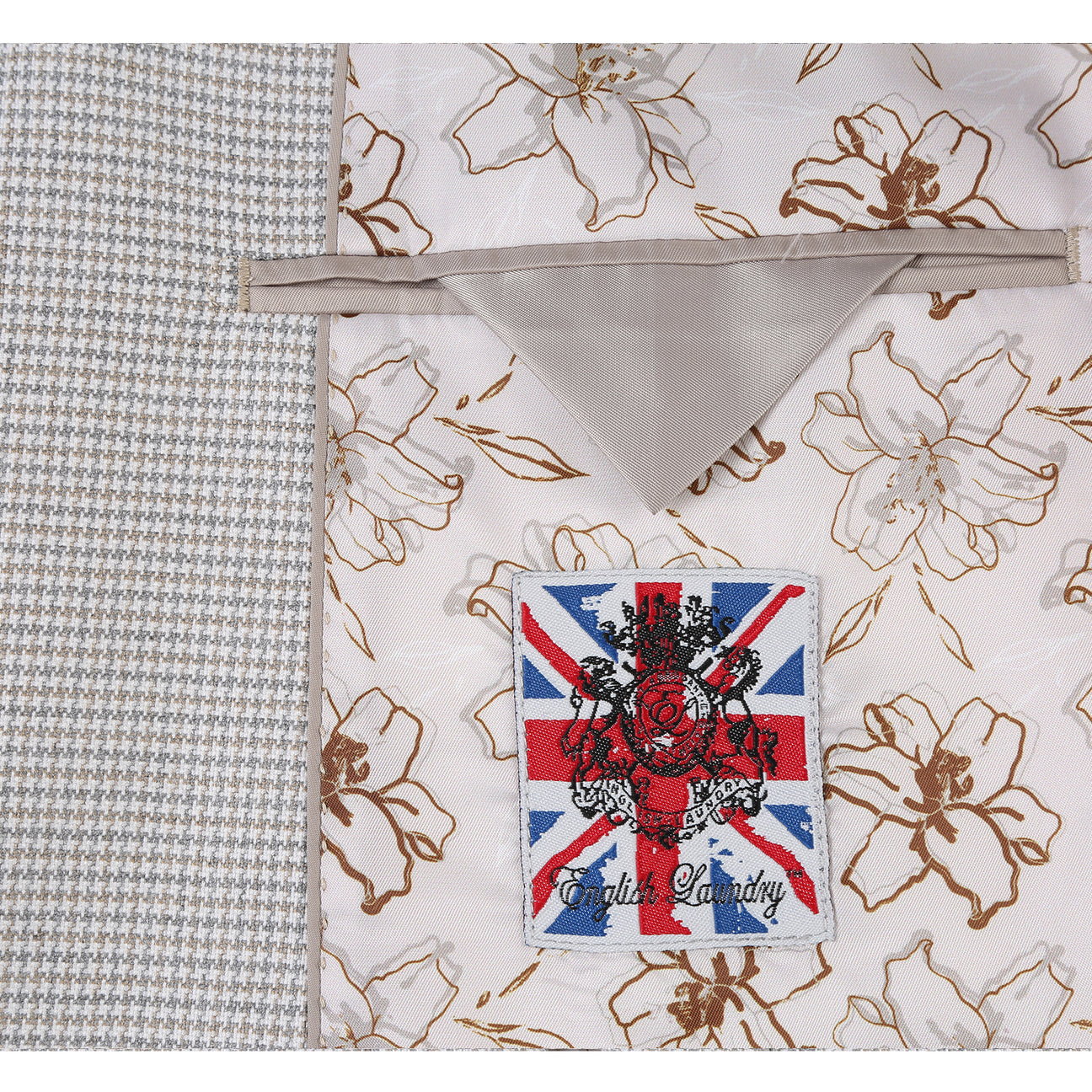 The English Laundry Smoke Grey Check Suit 12-20-600EL features a light gray slim fit jacket with a two-button closure, patch pockets, and is styled with a white shirt and striped red, black, and beige tie on a torso mannequin.