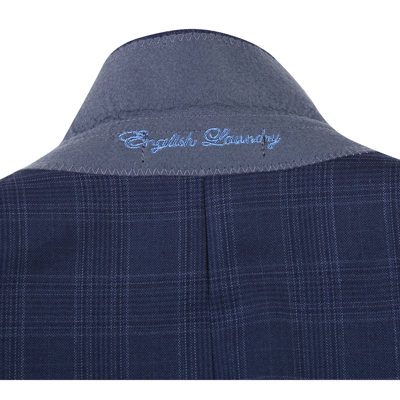 The ENGLISH LAUNDRY Blue Check Suit EL12-50-410 by English Laundry features a classic blue check pattern with notch lapels, paired with a white dress shirt and red patterned tie—an elegant, timeless men's style.