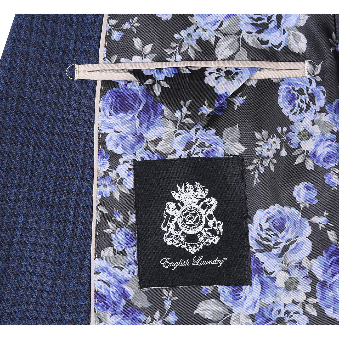 The ENGLISH LAUNDRY Wool Suit EL92-51-410 by English Laundry is a navy blue checkered slim fit jacket, shown over a white dress shirt with a red patterned tie on a headless mannequin.