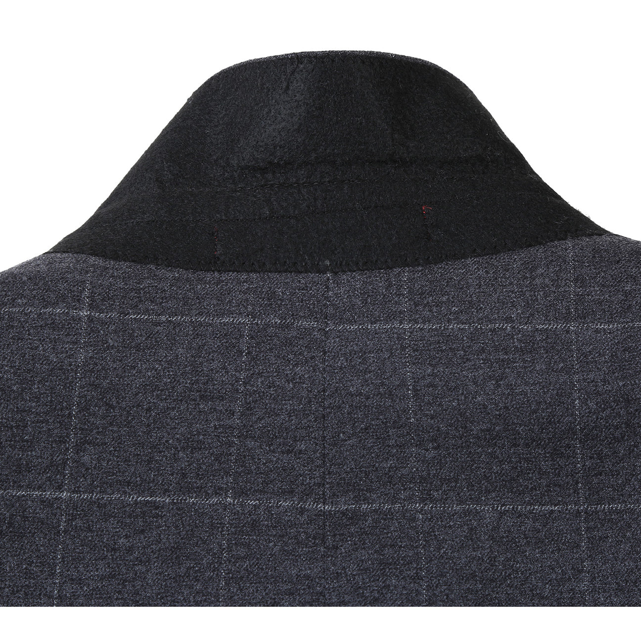 The Renoir Alessandro Vitello New Slim Fit Checked Gray Suit 293-31 is showcased on a mannequin over a white dress shirt with a purple polka dot tie, highlighting its modern elegance for men.