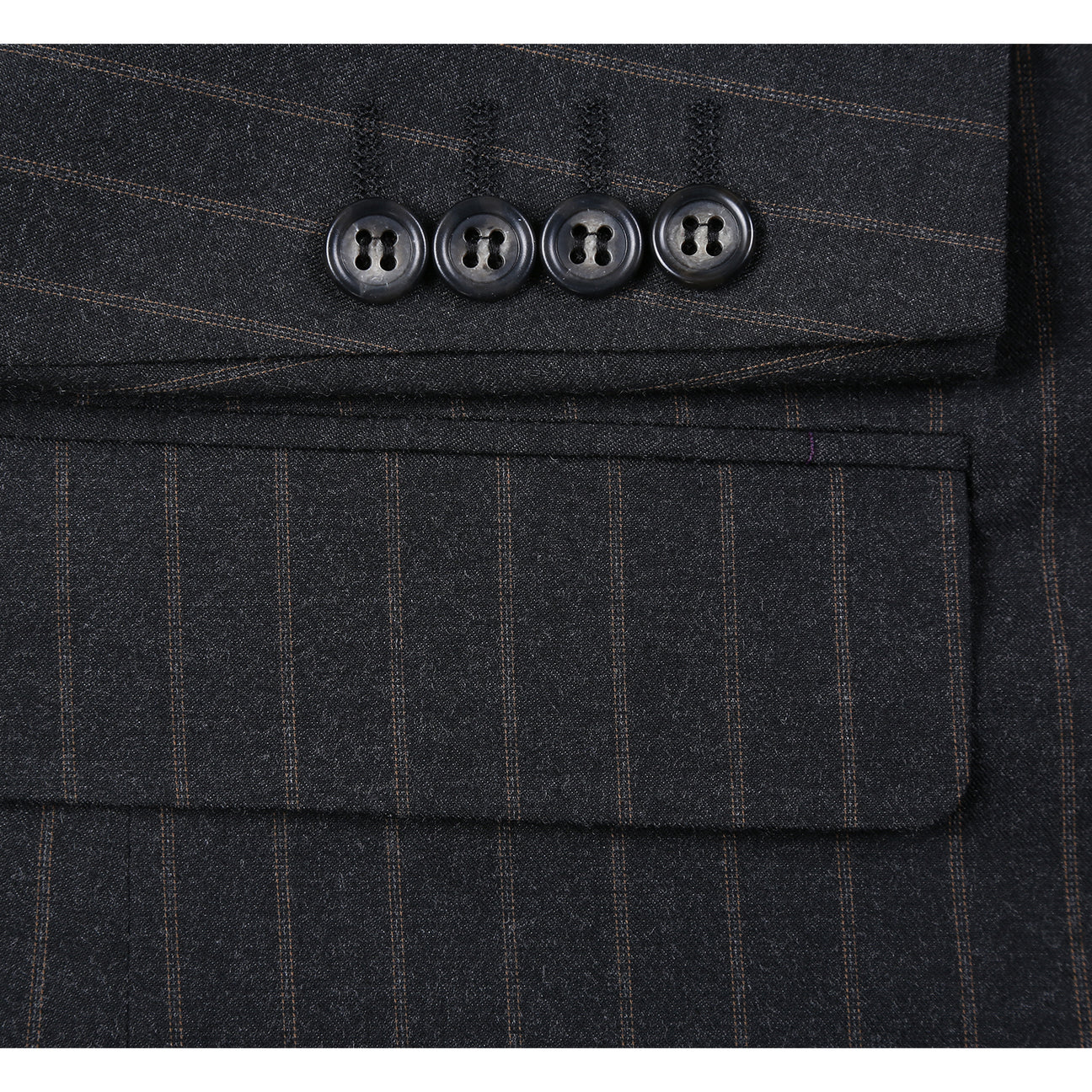 The Alessandro Vitello by Renoir New Slim Fit Suit 293-55 showcases a dark pinstripe, single-breasted jacket with notch lapels and side vents, paired with matching flat front pinstripe trousers.