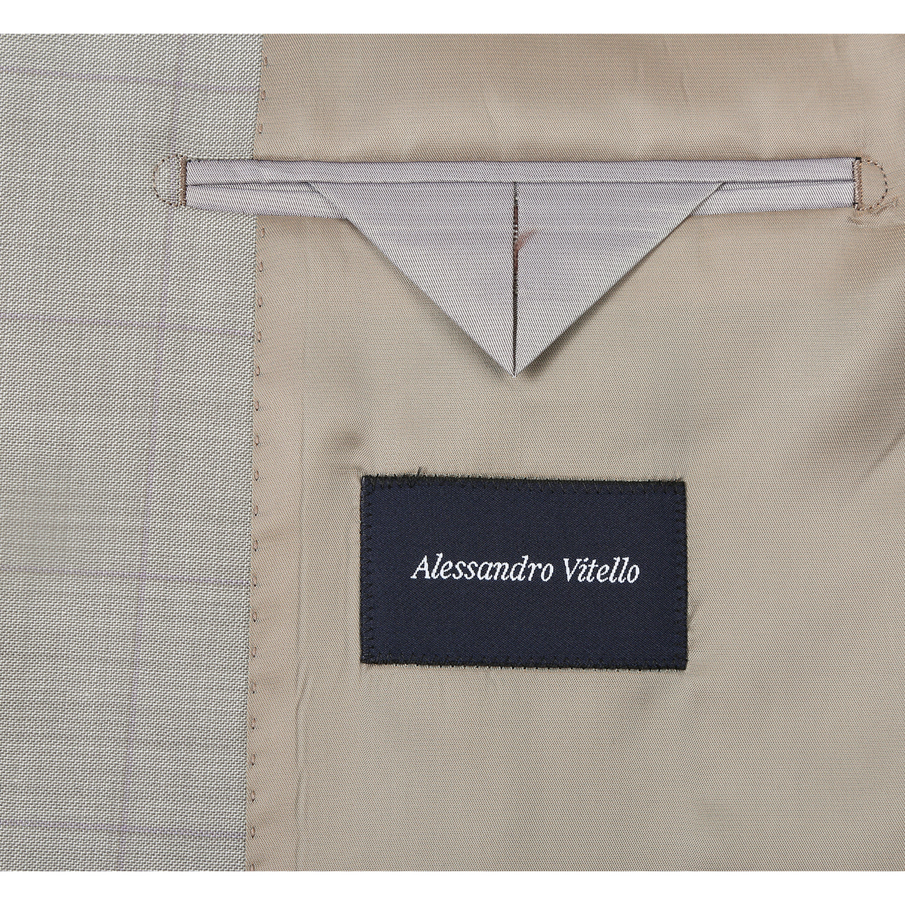 The Alessandro Vitello by Renoir Classic Fit Suit 566-10, in light gray plaid with notch lapels, is styled on a mannequin with a white dress shirt and blue striped tie.