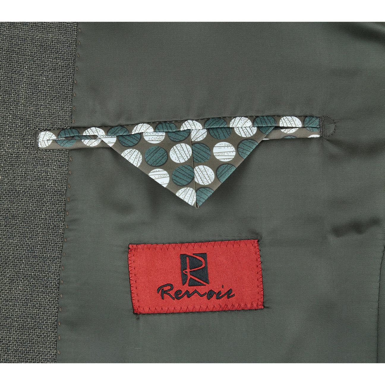 A mannequin displays the Alessandro Vitello by Renoir New Slim Fit Sport Coat 294-27, a gray men's slim fit blazer featuring a single-button front and notch lapel, with pocket flaps. A blue striped tie and white shirt are visible underneath.