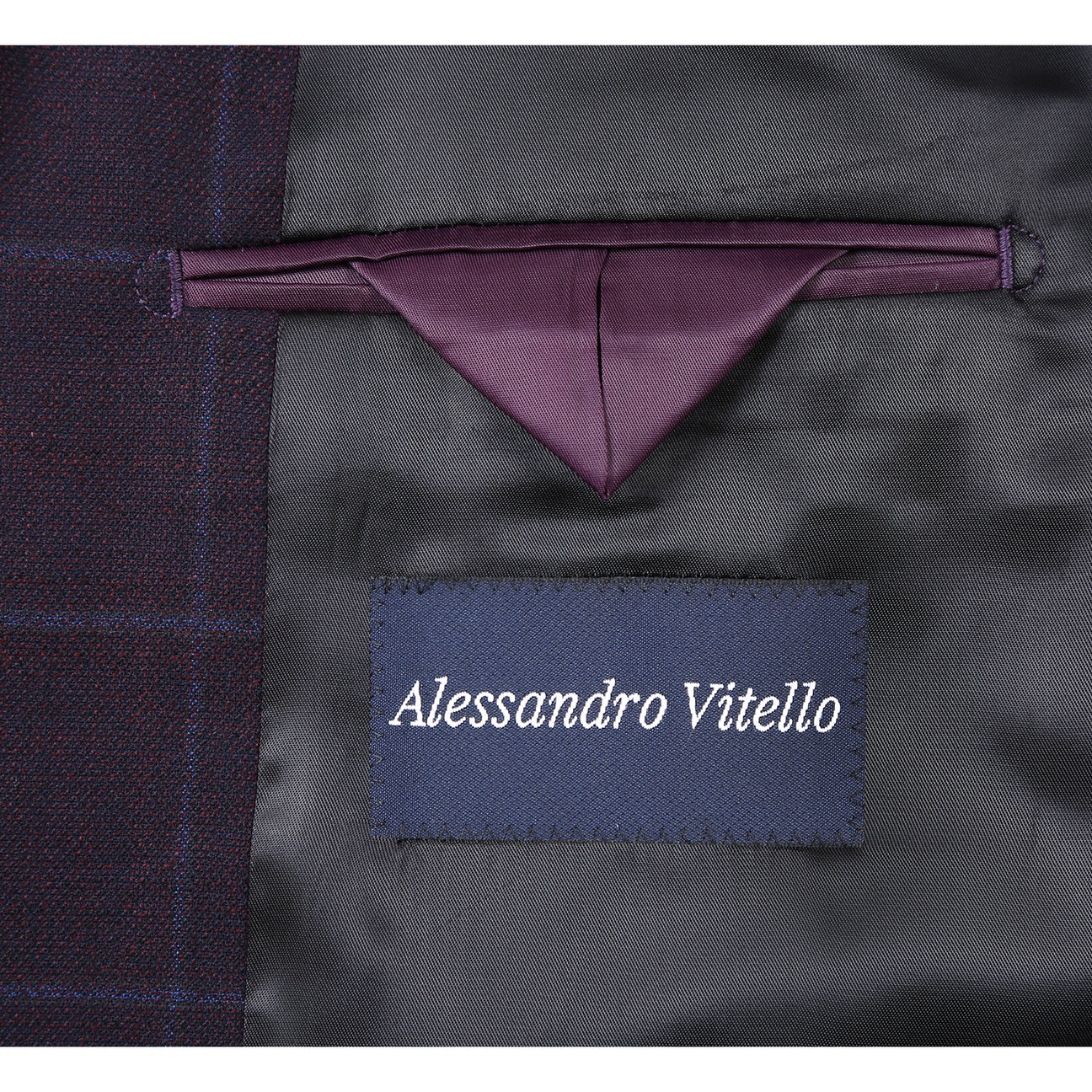 The Renoir Alessandro Vitello New Slim Fit Wool Midnight Blue Blazer 565-11 is displayed on a mannequin with a white dress shirt, red polka dot tie, and patterned pocket square.