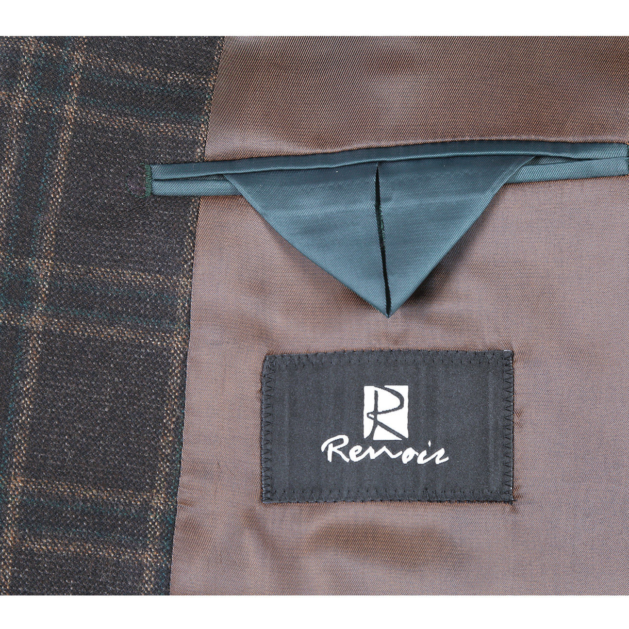 The mannequin wears a Renoir Alessandro Vitello New Slim Fit Wool Checked Dimgray Blazer 563-11, styled with a white dress shirt, patterned tie, and blue pocket square.