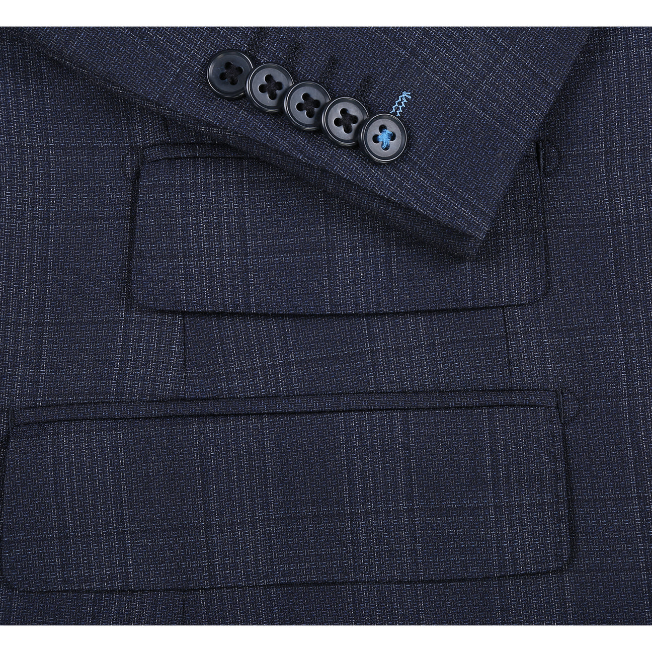 A man wears the English Laundry ENGLISH LAUNDRY 2pc Wool Suit Navy EL22-60-410; close-ups highlight its navy plaid fabric (90% wool, 10% polyester), inner lining, buttons, and embroidered label.