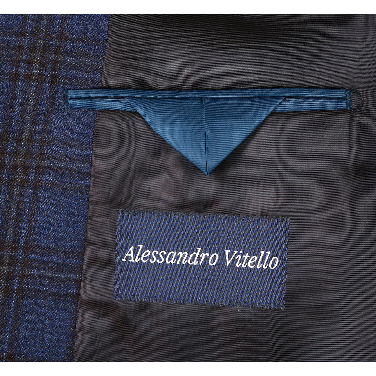 The Renoir Alessandro Vitello Classic Fit Wool Blazer in blue-black (565-10) is shown on a mannequin with a white dress shirt, red patterned tie, and patterned pocket square.
