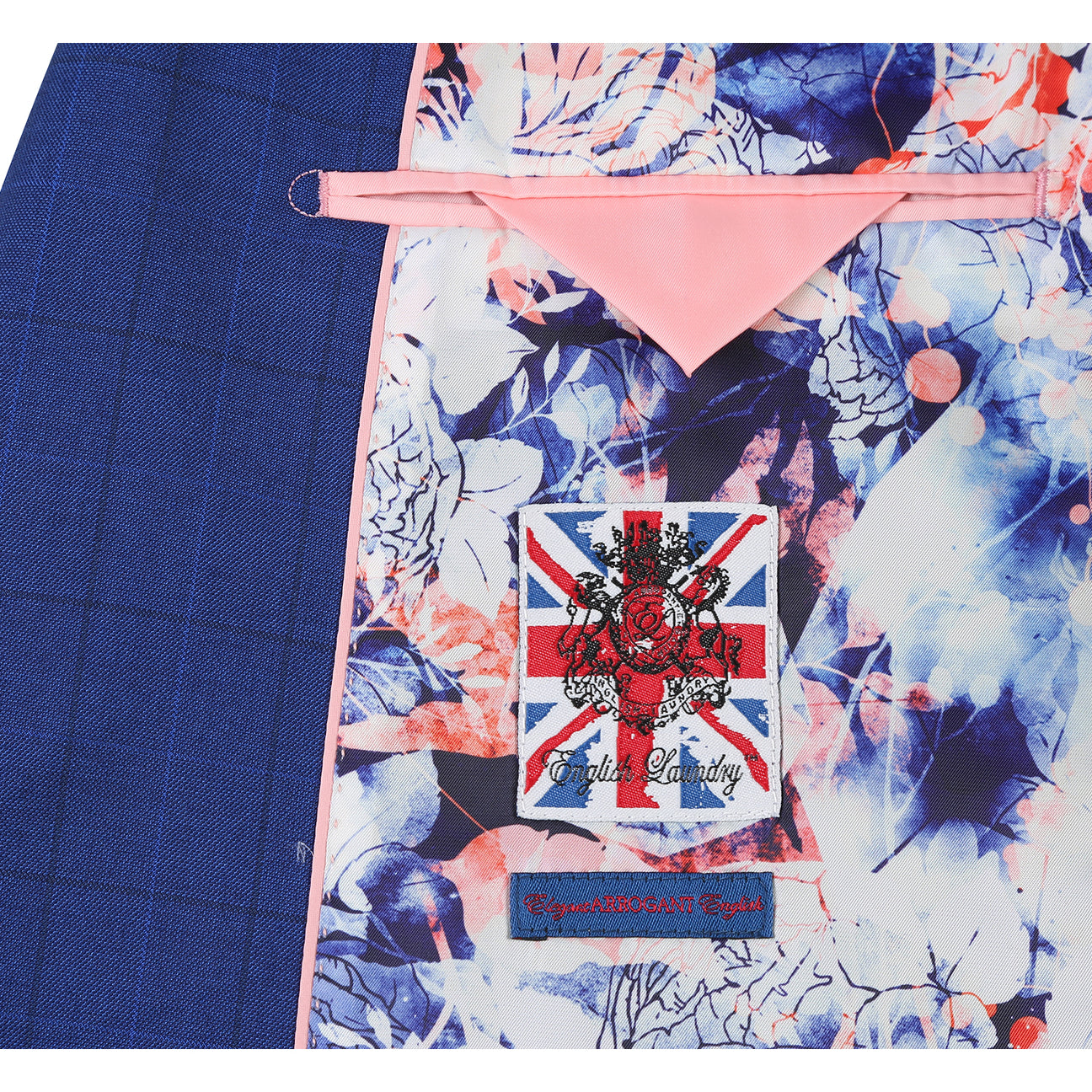 The ENGLISH LAUNDRY Royal Blue Check Suit 12-52-412EL by English Laundry features a slim fit jacket with notch lapels, styled on a mannequin with a white dress shirt and red patterned tie.