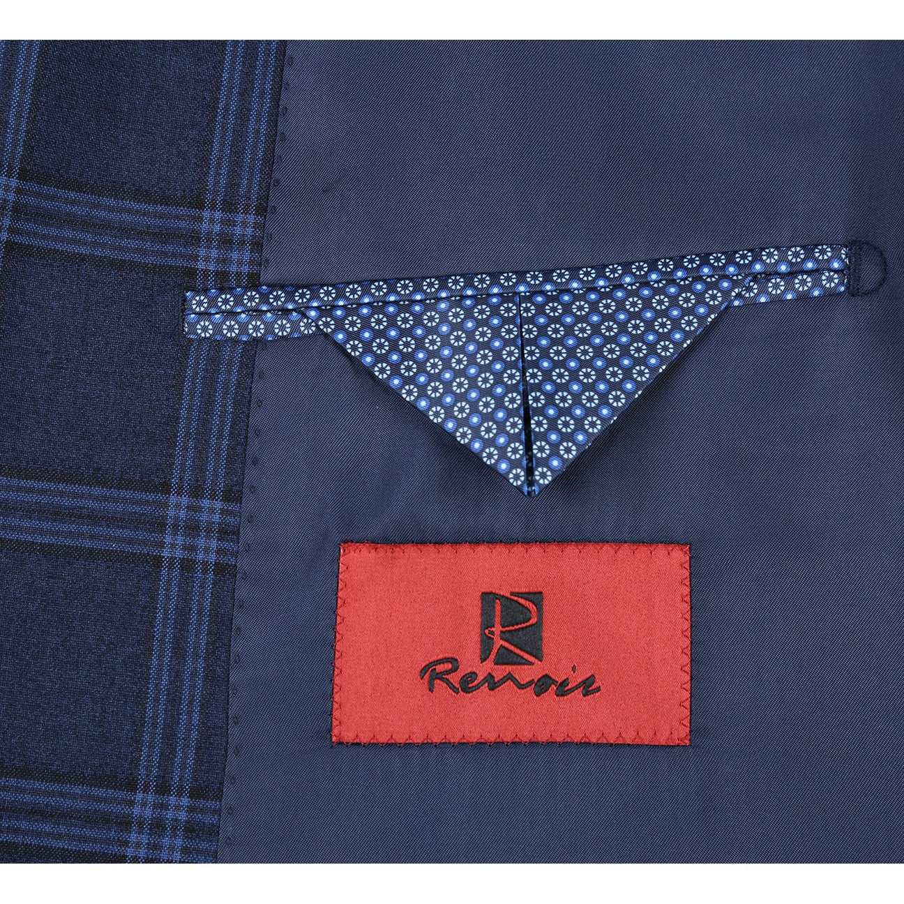 The Alessandro Vitello by Renoir Slim Fit Suit 293-22 features a navy plaid blazer on a mannequin with a white dress shirt, a burgundy polka dot tie, and flat front pants, complete with a notch lapel for sophistication.