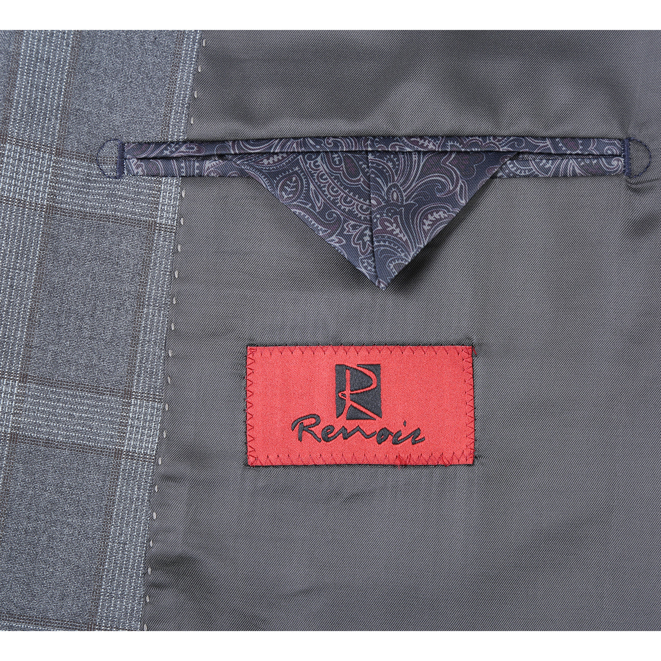 The Alessandro Vitello by Renoir New Slim Fit Monument Suit 293-46, showcased on a mannequin with a white dress shirt and red patterned necktie—a refined men’s ensemble from Renoir.