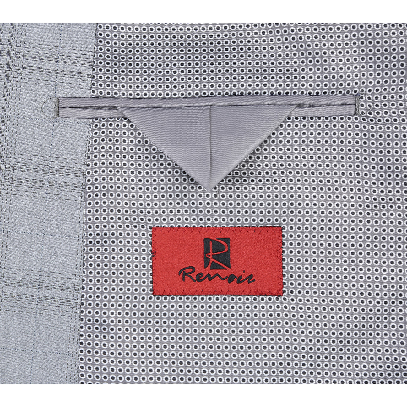 The Alessandro Vitello by Renoir Light Gray Classic Fit Suit (293-33), featuring a men's two-button jacket with notch lapels, is styled with a white dress shirt and patterned orange tie on a mannequin.