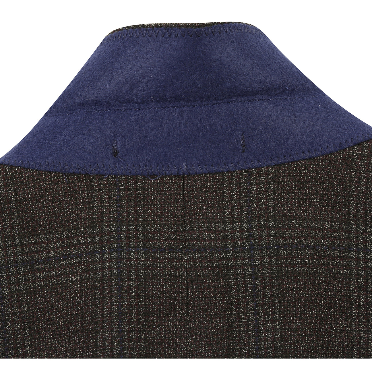 The Pellagio Dark Brown Men's Half Canvas Blazer PF24-13, with a notched lapel, is displayed on a mannequin, paired with a white shirt and striped tie. The blue pocket square adds elegance to this slim fit single-breasted blazer from Pellagio.