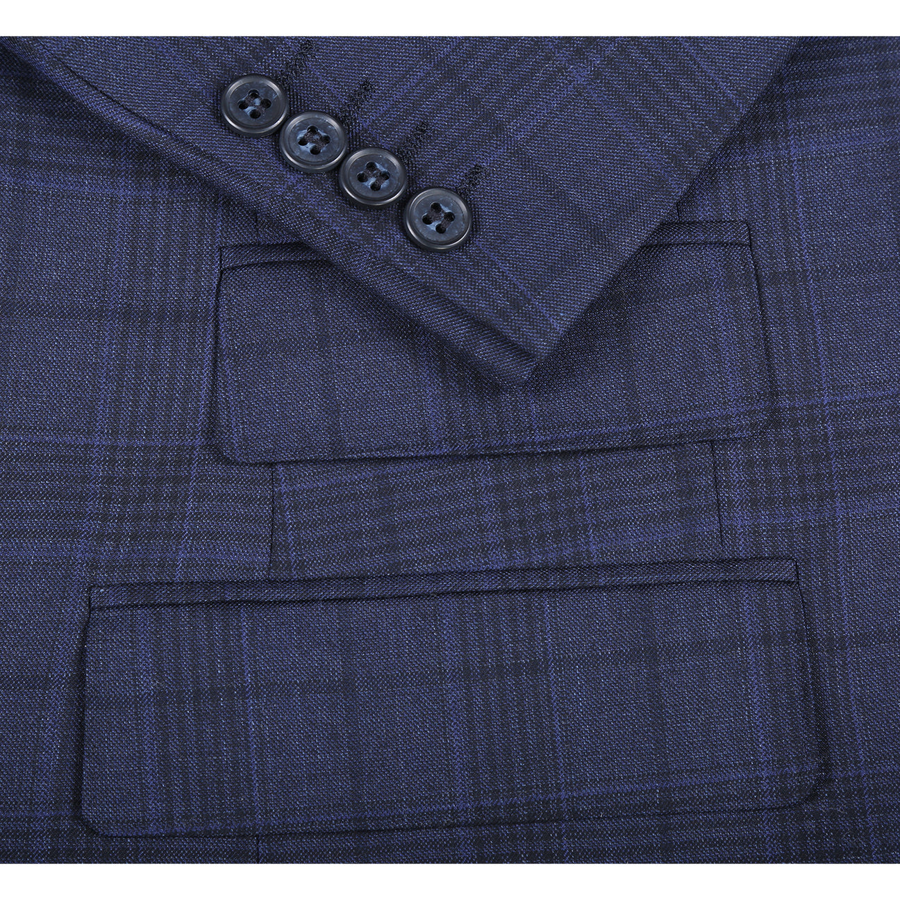 Showcase of Renoir’s Alessandro Vitello New Slim Fit Suit 568-3 in dark blue patterns, with peak lapel jackets, matching flat front pants, fabric/button close-ups, and side vents.
