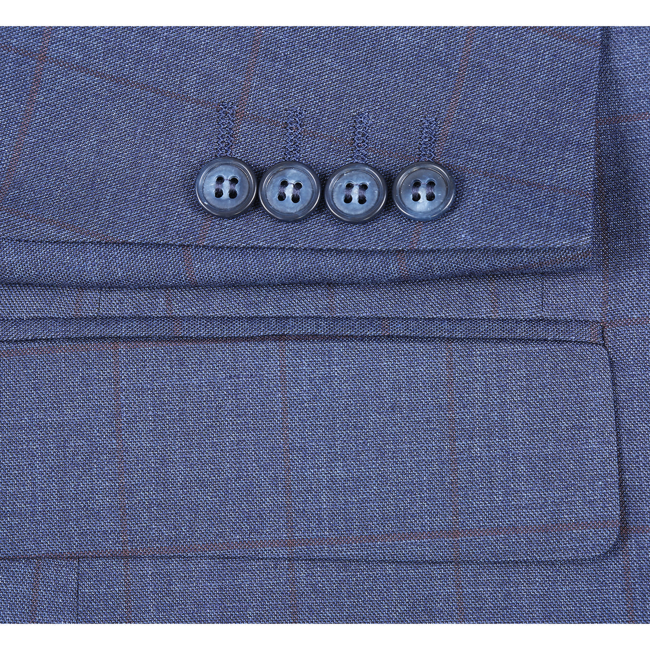 The Alessandro Vitello by Renoir Classic Fit Suit 293-56 features a blue side-vented jacket with a 3-inch notch lapel, flat front pants, four cuff buttons, plus fabric, stitching, and brand label close-ups from Renoir.