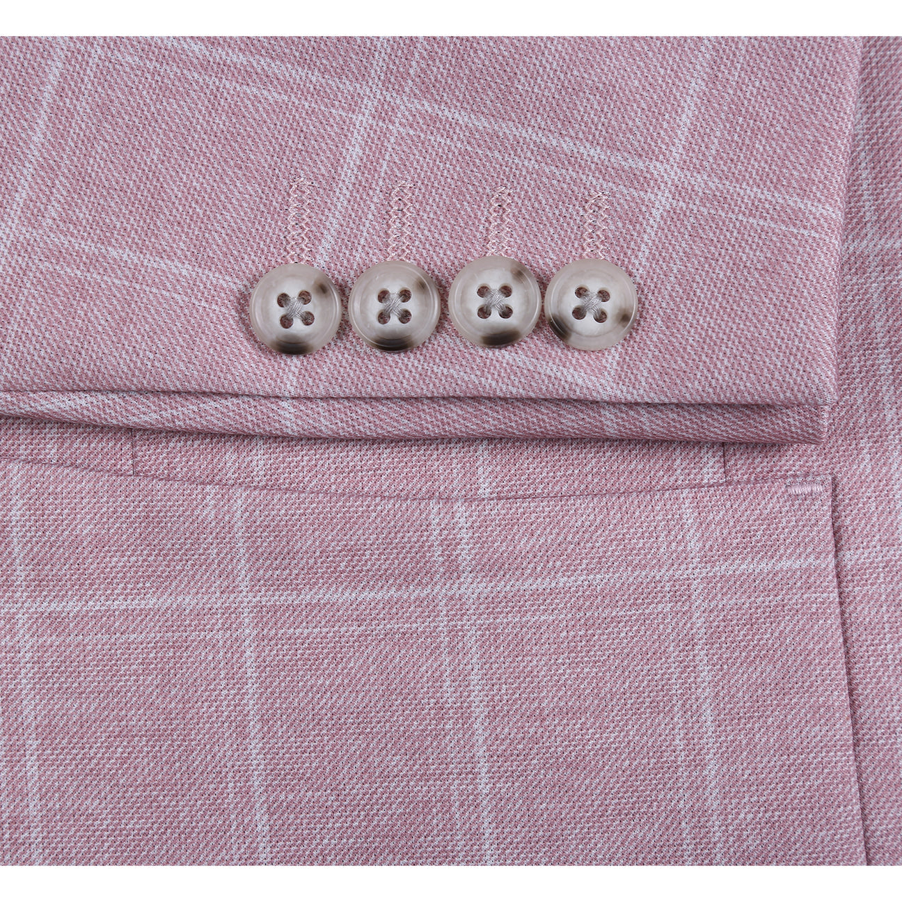 The Pellagio Pink Men's Slim Fit Riserva Jacket PS26-8 features notch lapels, two buttons, front pockets, and a matching pocket square. Shown on a mannequin with a white shirt and striped tie. Brand: Pellagio.