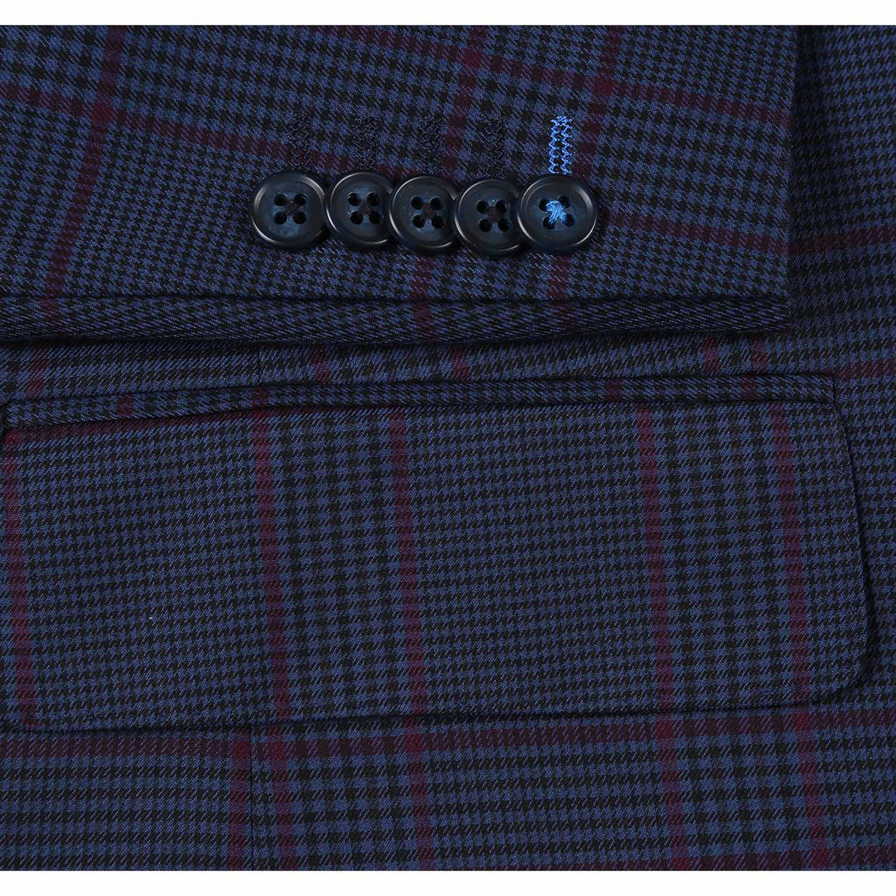 The mannequin displays an ENGLISH LAUNDRY Blue with Burgundy Check Suit, showcasing a slim fit and refined notch lapels. The ensemble is elegantly complemented by a crisp white shirt and a striking red tie, while the two-button closure provides a classic finish.