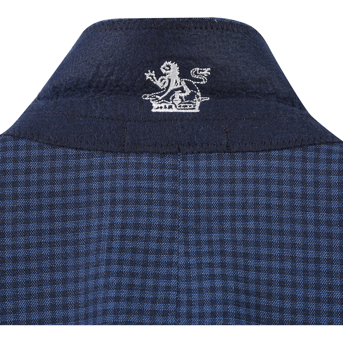 The ENGLISH LAUNDRY Navy Check Suit 22-10-412EL by English Laundry is a slim fit jacket with a two-button closure, styled with a white dress shirt and red patterned tie on a headless mannequin.