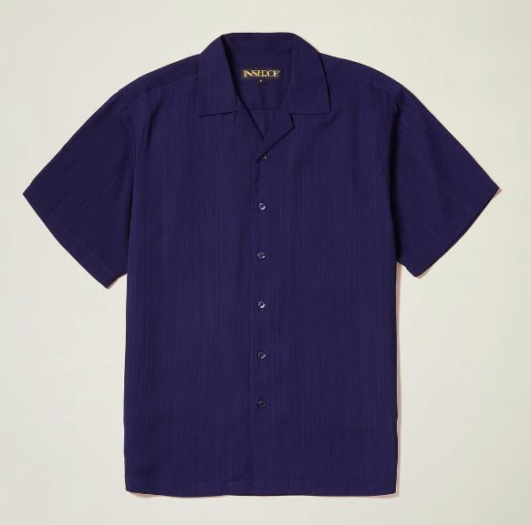 The Inserch 2pc Set features a regular fit, short-sleeve, button-up microfiber shirt and pants in solid navy blue by Inserch, laid flat on a light background.