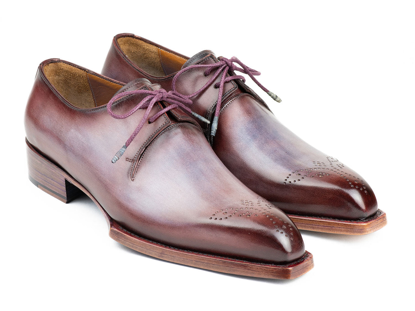 The Paul Parkman Goodyear Welted Derby Shoes in Ice Blue & Bordeaux, known for their meticulous hand-painted details and fine stitching, are the epitome of elegance in handmade derby shoes.