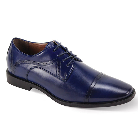 The Antonio Cerrelli 7000 Blue Shoes (Wide) are blue leather dress shoes with a cap toe, laces, and a low heel, featuring decorative stitching on the synthetic upper.