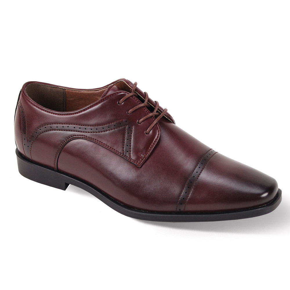 The Antonio Cerrelli 7000 Burgundy Shoe features a cap toe, detailed stitching, laces, and a sleek black sole, presented in a side view.