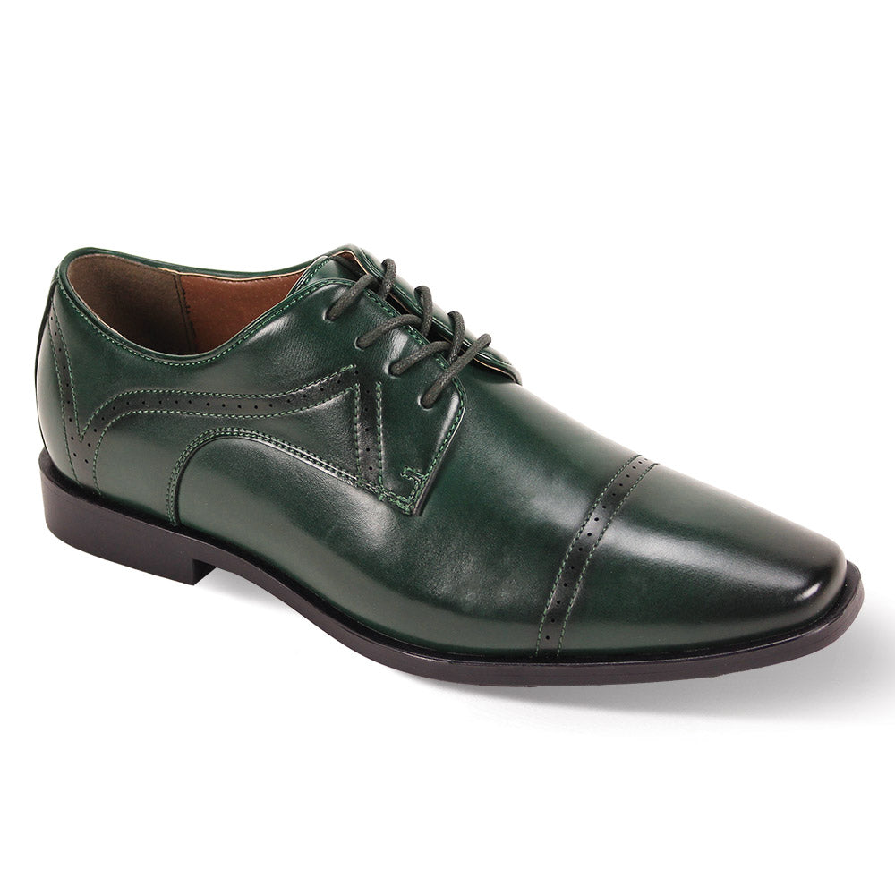 Antonio Cerrelli 7000 Forest Green Shoes (Wide) are green leather dress shoes with laces, a smooth finish, cap toe, and slight heel.
