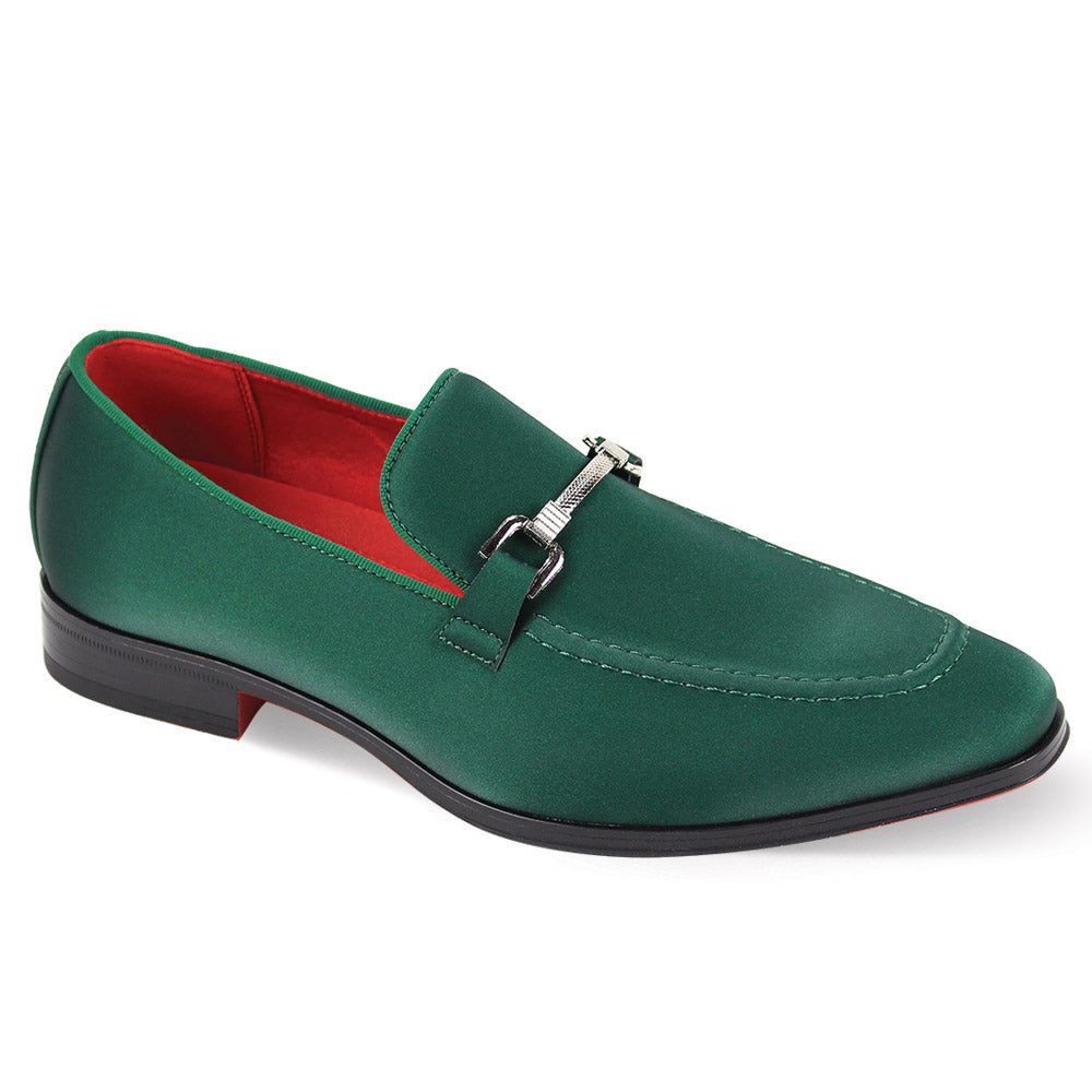 The After Midnight 7018 Green Satin Loafer for men features a sleek buckle accent and a red interior.