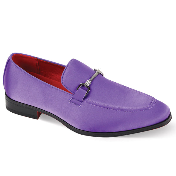 Indulge in the elegance of the After Midnight 7018 Purple Satin Loafer, complete with a sleek buckle, contrasting red interior, and a low black heel.