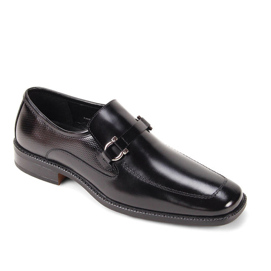 The Giorgio Venturi 7061 Black Leather Shoes feature smooth black leather, a silver buckle, low heel, and square toe, displayed against a white background.