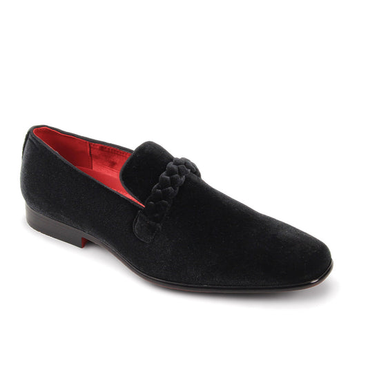 The AFTER MIDNIGHT After Midnight 7067 Black Dress Shoes feature a plain toe, braided strap detail, and red inner lining, shown on a white background.