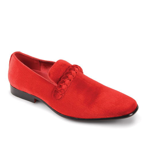 The AFTER MIDNIGHT After Midnight 7067 Fire Red Dress Shoe features a red velvet upper, braided strap detail, low black heel, and pointed toe, shown here as a single loafer against a white background.