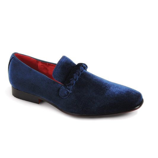 The After Midnight 7067 Navy Dress Shoes by AFTER MIDNIGHT feature a navy velvet upper with braided strap detail and a red insole adorned with a gold emblem.