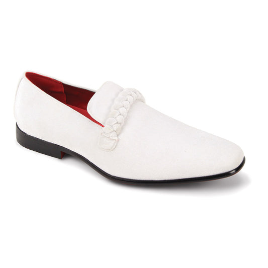 The AFTER MIDNIGHT After Midnight 7067 White Dress Shoe is a single white suede loafer with a braided strap, plain toe, black sole, and red interior lining.